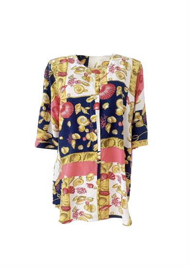 Vintage Kısa Kollu Midye Desenli Kimono Gömlek
